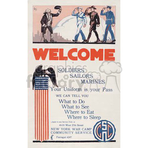 A vintage poster featuring an eagle atop a shield with the American flag, and soldiers, sailors, and marines being welcomed. The text offers services to military personnel, such as information about what to do, what to see, where to eat, and where to sleep.