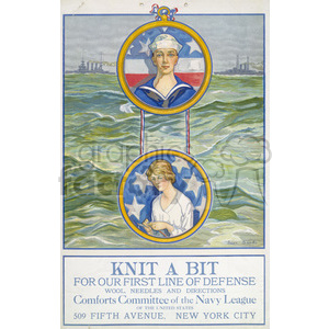 This clipart image features a World War I-era poster with two illustrations: a naval officer and a woman knitting. The background shows a harbor scene with ships. The text encourages knitting for the Navy League's Comforts Committee to support the defense effort.