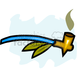 This clipart image shows a stylized representation of a peace pipe, also known as a ceremonial pipe, commonly associated with Native American cultures. The pipe has a long stem, often decorated or colored, with a bowl at one end for holding smoking material. There are leaves attached to the stem, which may symbolize the natural elements used in creating the pipe or might denote peace, as the peace pipe is traditionally used in sacred ceremonies. There is also smoke emanating from the bowl, indicating that the pipe has been or is in use.