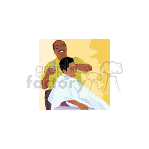   The clipart image features an African American barber giving a haircut to a male client. The barber appears to be using scissors to trim the client