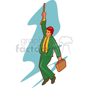 Clipart image of a businessman in a green suit holding a briefcase and a stick, symbolizing success or achievement.