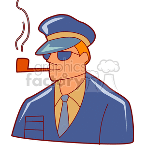 Clipart of a man in a blue uniform and cap, wearing sunglasses, and smoking a pipe.