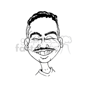   The image is a black and white clipart of a smiling man with a distinct, large mustache. He has a broad grin, showing teeth, and closed eyes that suggest a joyful expression. His hair is short and curly, and he appears to be wearing a shirt with a collar, though only the top part of the shirt is visible. The man