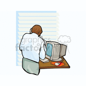 Clipart of a business professional on the phone, standing at a desk with an old-style computer.