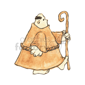 The clipart image depicts a bald monk wearing a robe, with a peaceful expression on his face, holding a cane. He appears to be walking and has a rope belt tied around his waist.