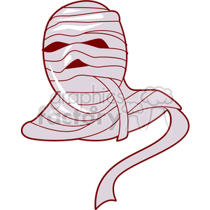 A cartoon illustration of a mummy with bandages wrapped around its head, showing dark eye sockets, commonly associated with Halloween.