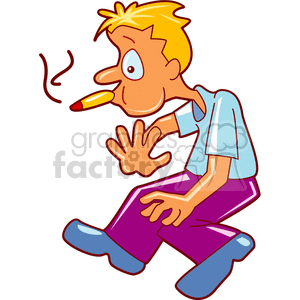 Clipart of a cartoon-style person with surprised expression and disheveled appearance, holding up one hand and smoking a marijuana joint