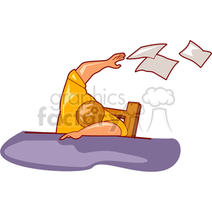 A clipart image of a tired person with their head on a desk, raising their arm and papers flying.