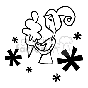 The clipart image shows a stylized person holding an ice cream cone. The figure appears to be happy or content, suggested by the posture and the depiction of the ice cream. Around the character, there are several star-like or snowflake-like shapes, which might imply coldness, aligning with the chilled nature of ice cream.