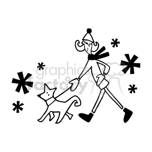 The image depicts a stylized drawing of a person walking a dog. Both the person and the dog are illustrated in a simplistic line art style. The person is dressed in what seems to be winter clothing, including a hat and boots, and there are snowflakes around them, indicating that it is snowing. The dog appears to be on a leash being held by the person.