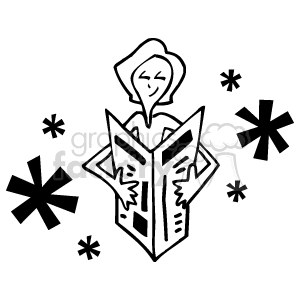 The clipart image depicts a stylized woman reading a newspaper. The image is a simple black and white line drawing. The woman is shown with a defined outline, and stars surround her, possibly indicating intrigue or surprise related to what she's reading.