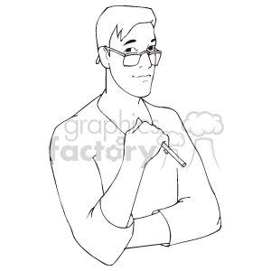 The clipart image features a line drawing of a man who appears to be in deep thought. He is holding a pen and has his hand resting on his chin, which is a typical gesture for someone pondering or contemplating. The man is wearing glasses and has a subtle smile.