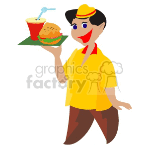 Clipart of a smiling waiter in a yellow uniform carrying a tray with a burger and a drink.