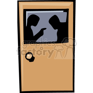 Silhouette of two people talking or arguing inside an office viewed through a door window.