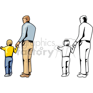 Clipart image depicting a father and son walking together. The image shows the adult holding the child's hand, illustrating a sense of family and love.