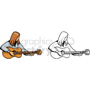 Clipart image of a woman playing an acoustic guitar. The image includes a colored version and an outline version.