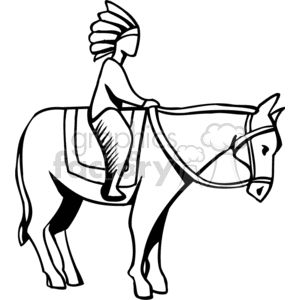 Line art of a Native American chief wearing a feather headdress, riding a horse.