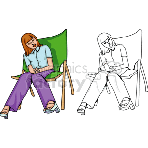 A clipart illustration of a girl sitting in a chair, appearing relaxed. The image includes a colored version and a line drawing version.