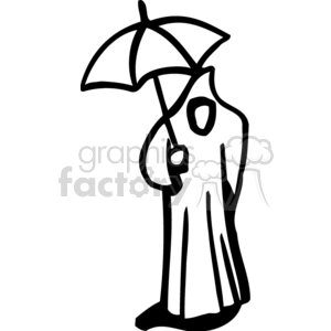 A simple black and white clipart of a person in a raincoat holding an umbrella.