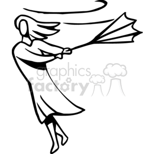 A clipart illustration of a person struggling to hold an inside-out umbrella in strong winds.