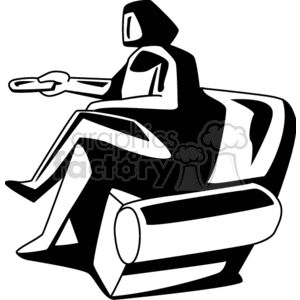 A monochrome clipart image of a person sitting in a comfortable chair holding a remote control, suggesting relaxation while watching TV.