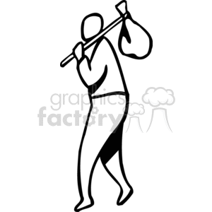 A black and white clipart image of a person walking with a stick over their shoulder, carrying a bag that resembles a hobo sack.