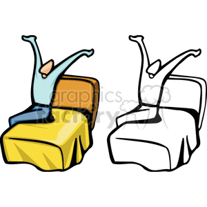 A clipart image of a person sitting on a bed with arms raised in a morning stretch. The image includes both a colored and an outline version.