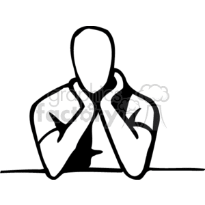 Black and white line art of a person sitting with hands on chin, appearing to be in deep thought.