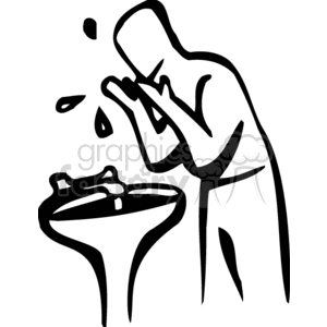 A line art illustration of a person washing their face at a sink with a faucet.