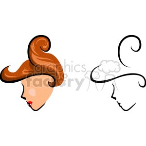 Clipart of a stylized lady's head with elegant hair drawn in both color and line art.