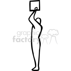 Line art of a person holding a box overhead.