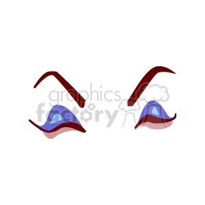 A pair of stylized eyes with arched eyebrows, featuring purple eyelids and red accents.