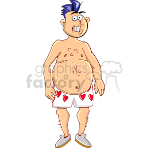 Cartoon image of a man with blue hair wearing heart-patterned underwear.