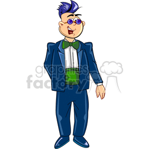 Cartoon man in a tuxedo with purple hair and glasses, wearing a green bow tie.