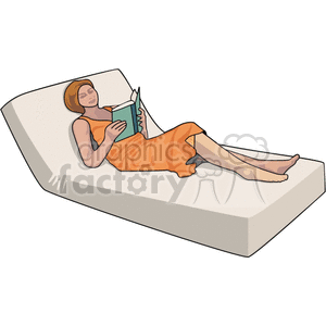 A woman lying on a mattress, reading a book and relaxing.