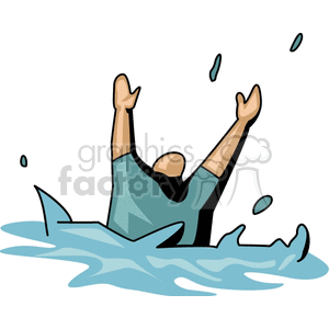 A clipart image of a person with arms raised, appearing to be drowning or calling for help in water.