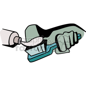 Clipart image of a hand holding a toothbrush with toothpaste being applied.