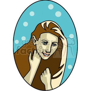 A clipart illustration of a young woman with long hair, smiling and looking forward, set against a blue background with dots.