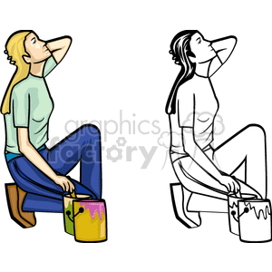 Clipart image of a woman sitting and holding a paint can, shown in both color and black and white versions.