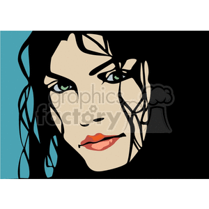 A stylized comic art portrait of a woman with black hair and green eyes on a teal background.