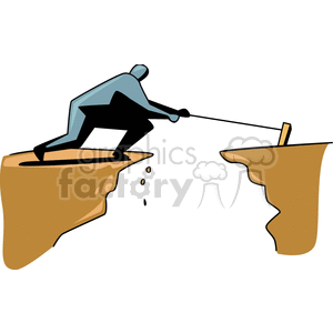 A stylized image of a person pulling a rope across a gap between two cliffs.