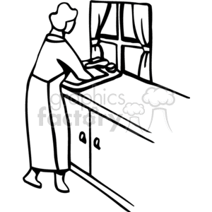 A line art illustration of a woman washing dishes at a kitchen sink.