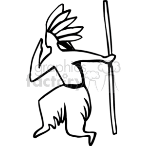 Outline drawing of a figure wearing a feathered headdress and holding a staff.