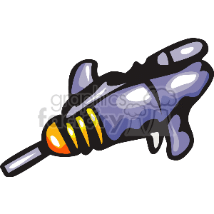 The image is a clipart illustration of a small, stylized sci-fi laser gun. The gun is predominantly purple with hints of gray, and feature yellow and orange accents, possibly indicating buttons or power sources. It has a futuristic design that could imply it's a weapon meant for aliens or used in a science fiction setting.