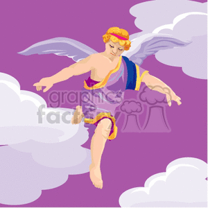 A clipart image of an angel with wings and a garland, floating among clouds against a purple background.