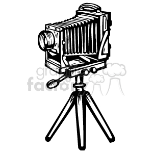 The clipart image depicts a vintage or old-fashioned camera mounted on a tripod. The camera has a bellows design, typically associated with classic large-format photography equipment.