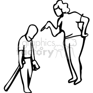 A clipart image of a mother scolding a child holding a baseball bat and glove, depicting a situation of discipline.