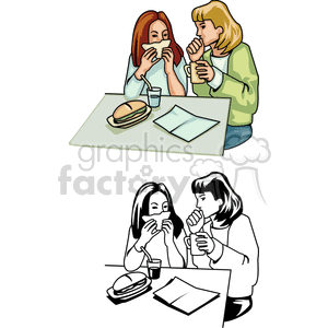 Clipart image of two children eating together at a table with food and drinks.