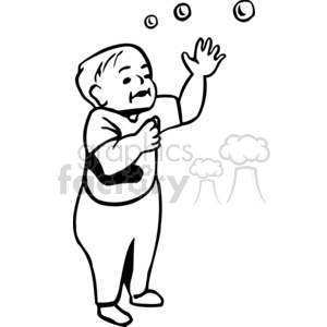 A black and white clipart image of a toddler playing with bubbles. The child is reaching up, appearing engaged and curious.