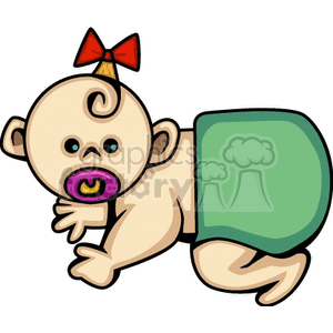 Baby girl in green diapers and red bow crawling
